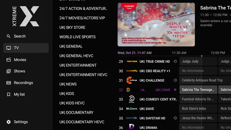 Live TV with the guide alongside: categories on the left, what is on now and next on the right, and the channel playing in the corner.