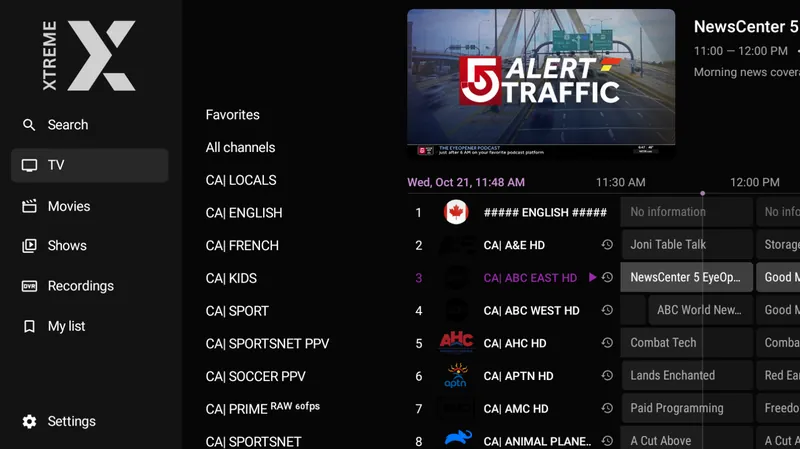 Channels grouped by country, with Favourites and All channels at the top of the list.