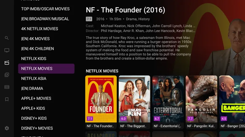 Films by category with posters, ratings, cast and a synopsis before you press play.