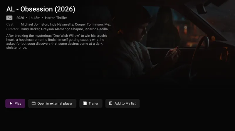 Every title gets Play, a trailer, an external-player option and Add to My list.
