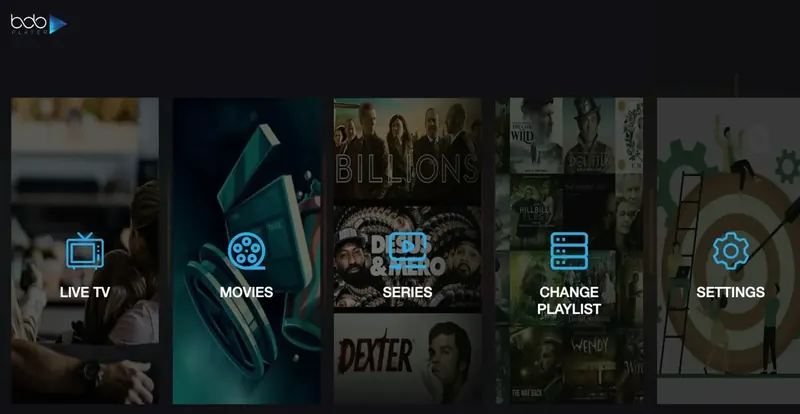 Bob Player home screen with live TV, films, series, change playlist and settings