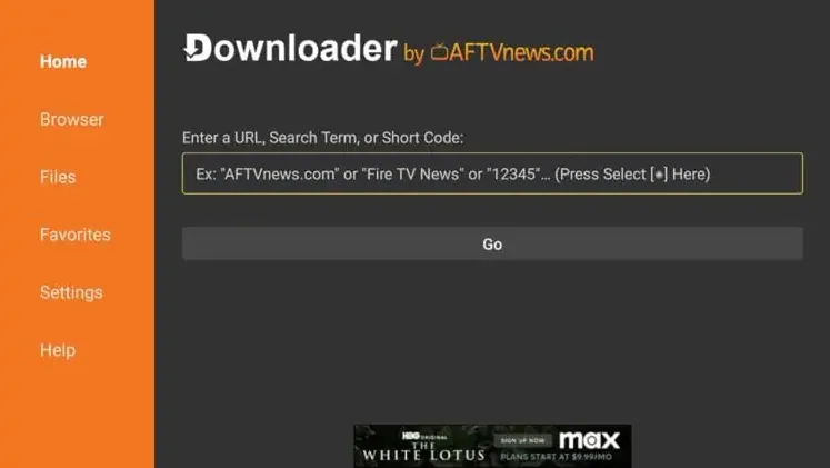Downloader home screen with the box for a URL or short code