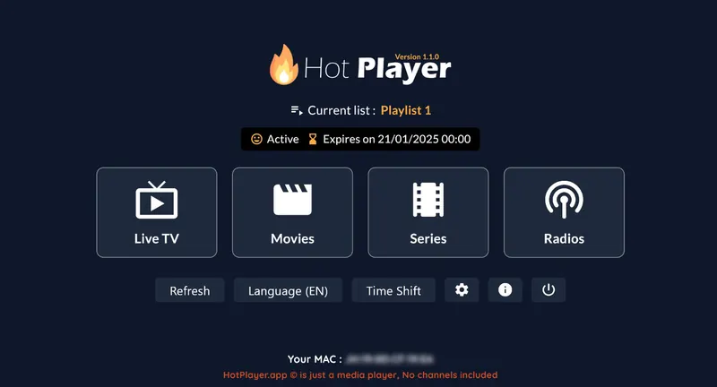 Hot Player home screen with the active playlist, live TV, films, series and radio