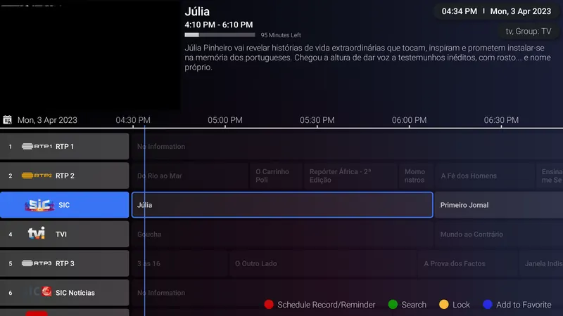 iMPlayer TV guide with channels, programme times and one programme highlighted