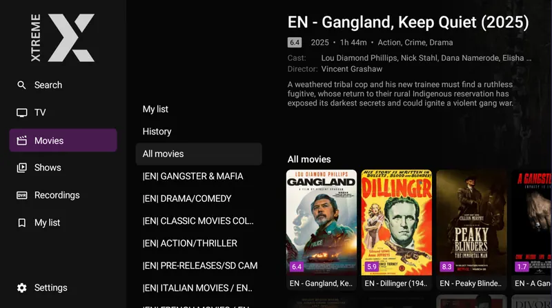XtremeHD Player film library with the categories down the side and the poster grid
